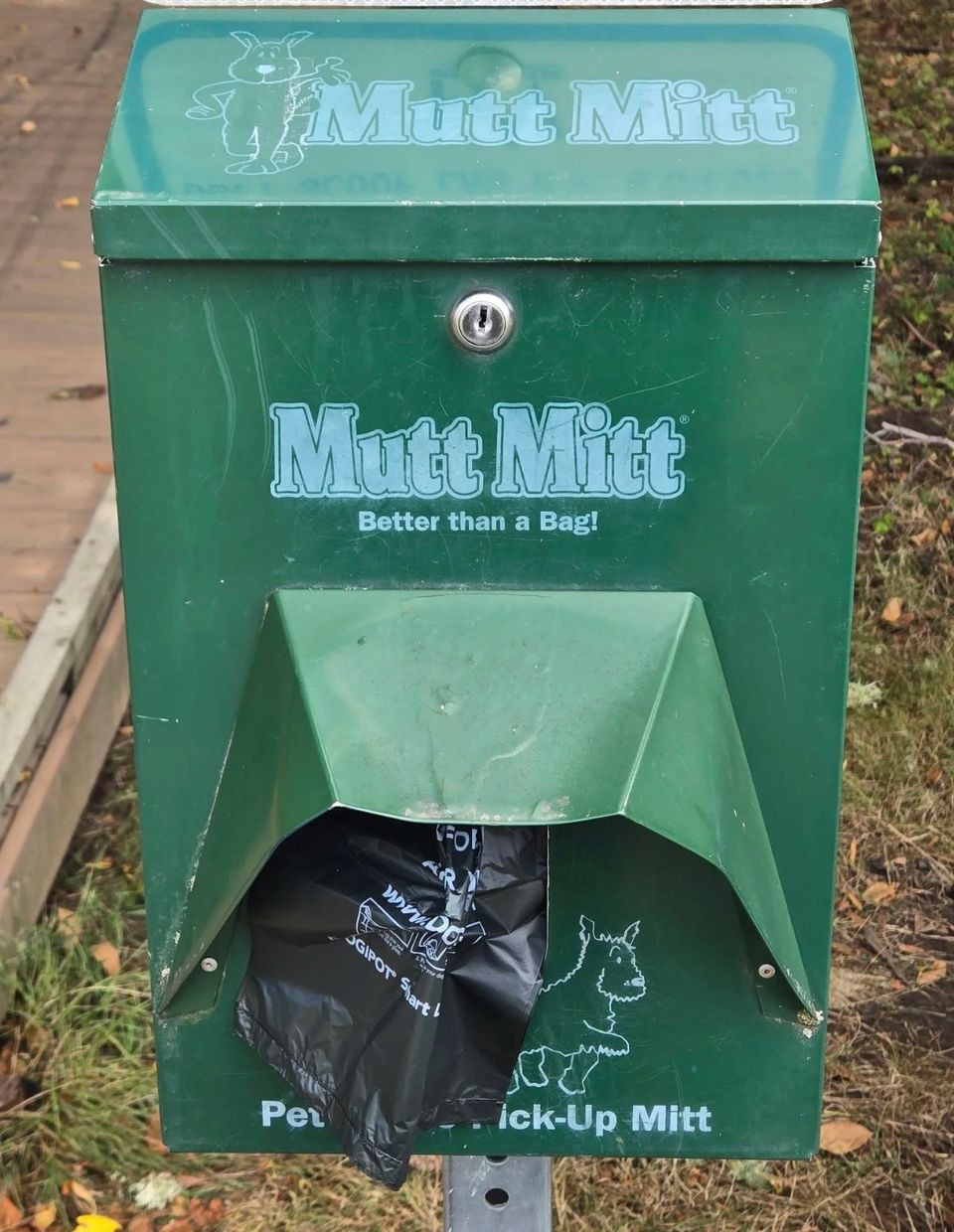 Green Mutt Mitt pet waste bag station with a black liner bag